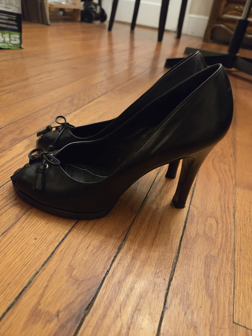 Ralph Lauren Black Leather Peep-Toe Tassel Heels
